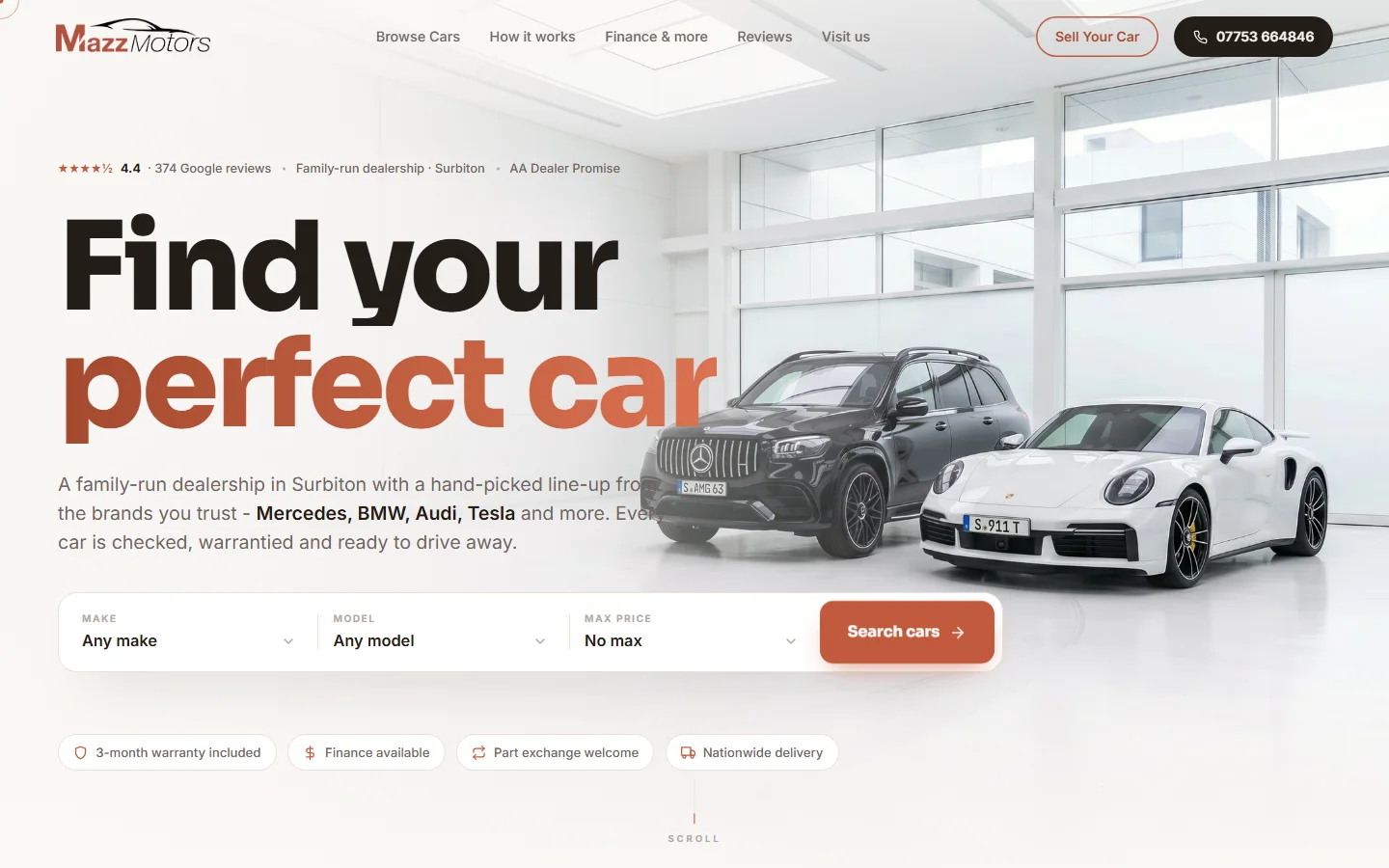 Screenshot of the Mazz Motors website home page