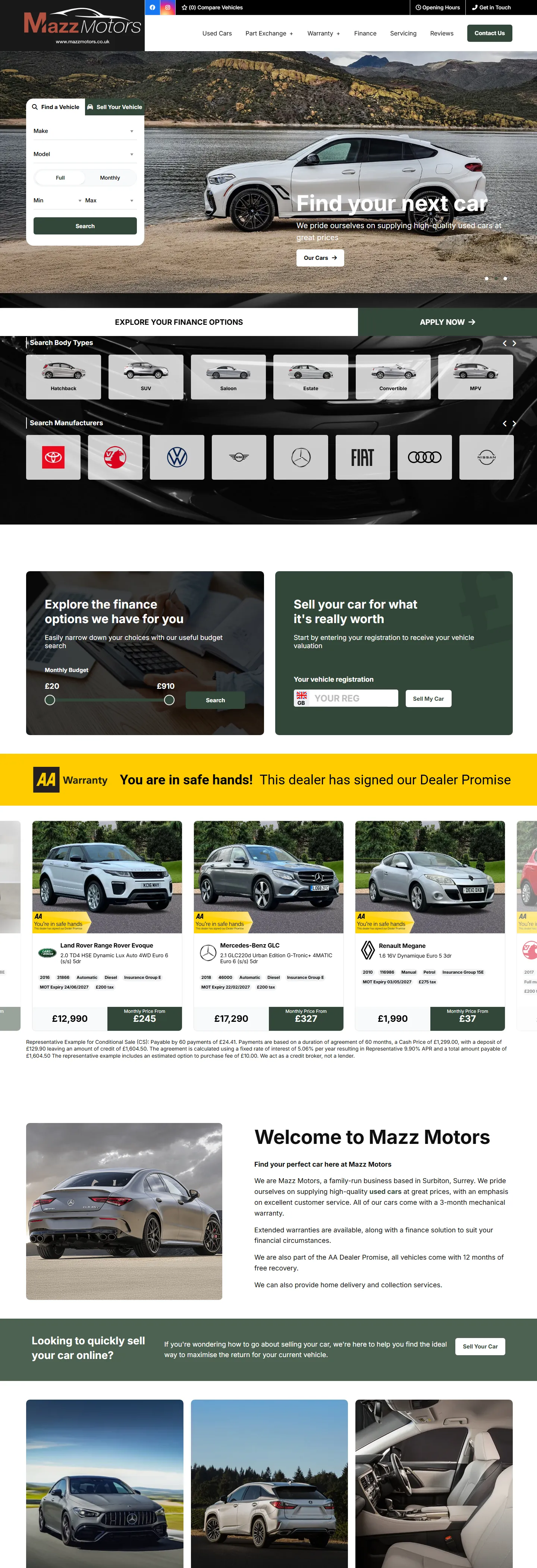 Full-page screenshot of the old Mazz Motors website, Google PageSpeed performance 68